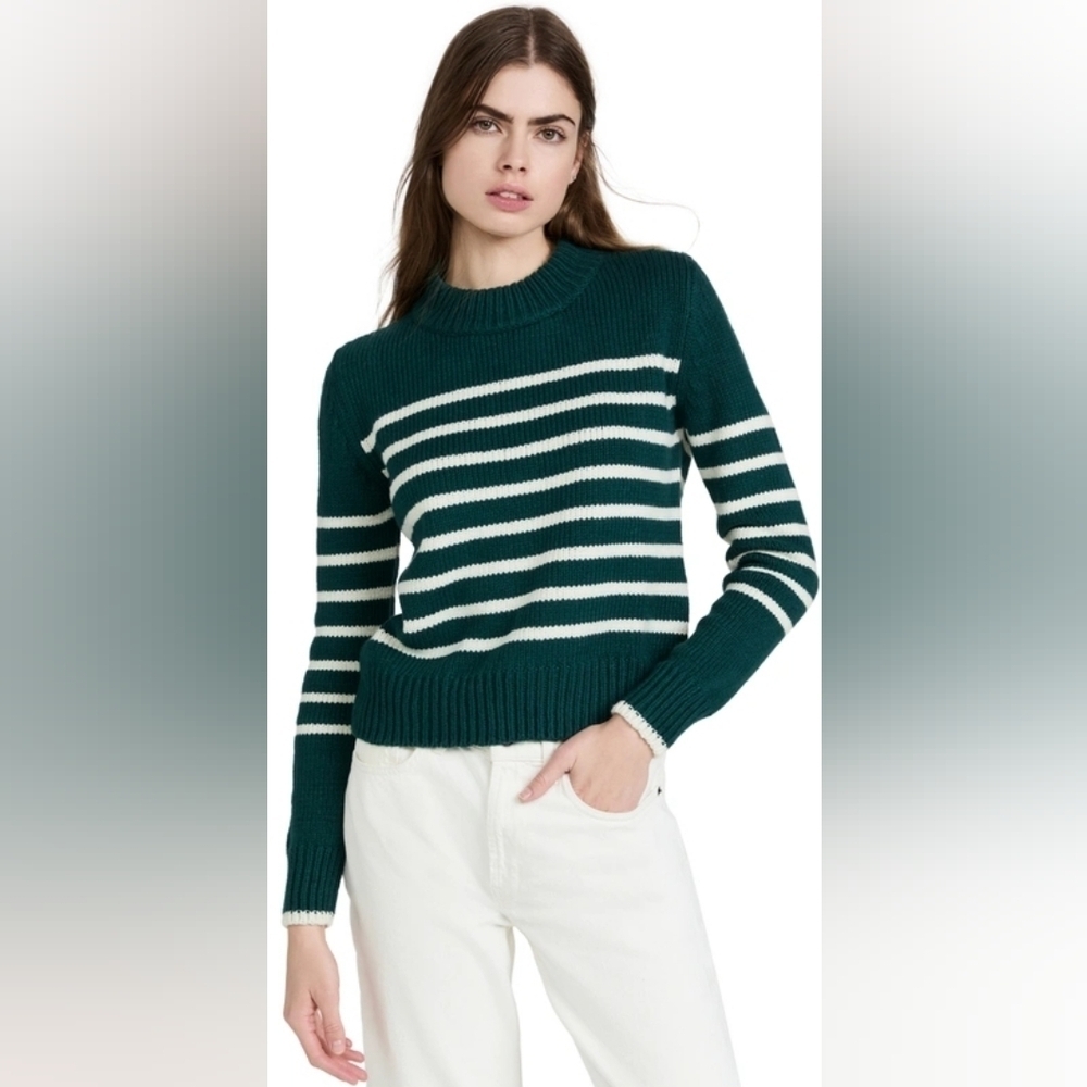FAHERTY Cuddle Stripe Crew Sweater In Evergreen Stripes Size Small